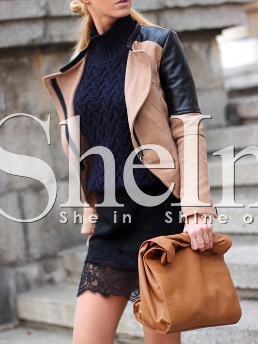 Shein Black Camel Long Sleeve Color Block Jacket