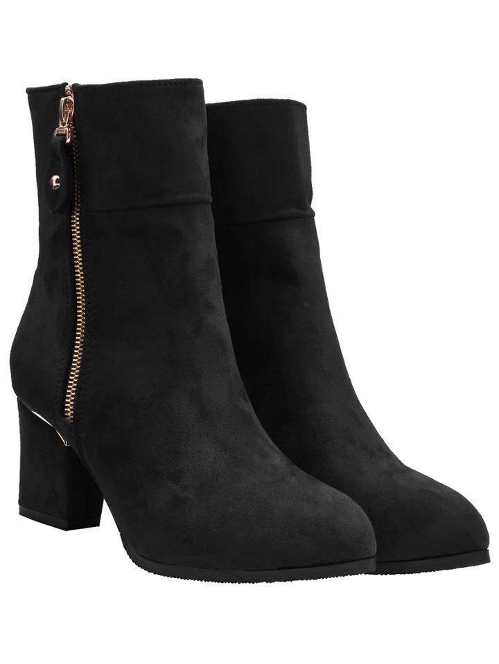 Shein Black Point Toe Side Zipper Suede Boots