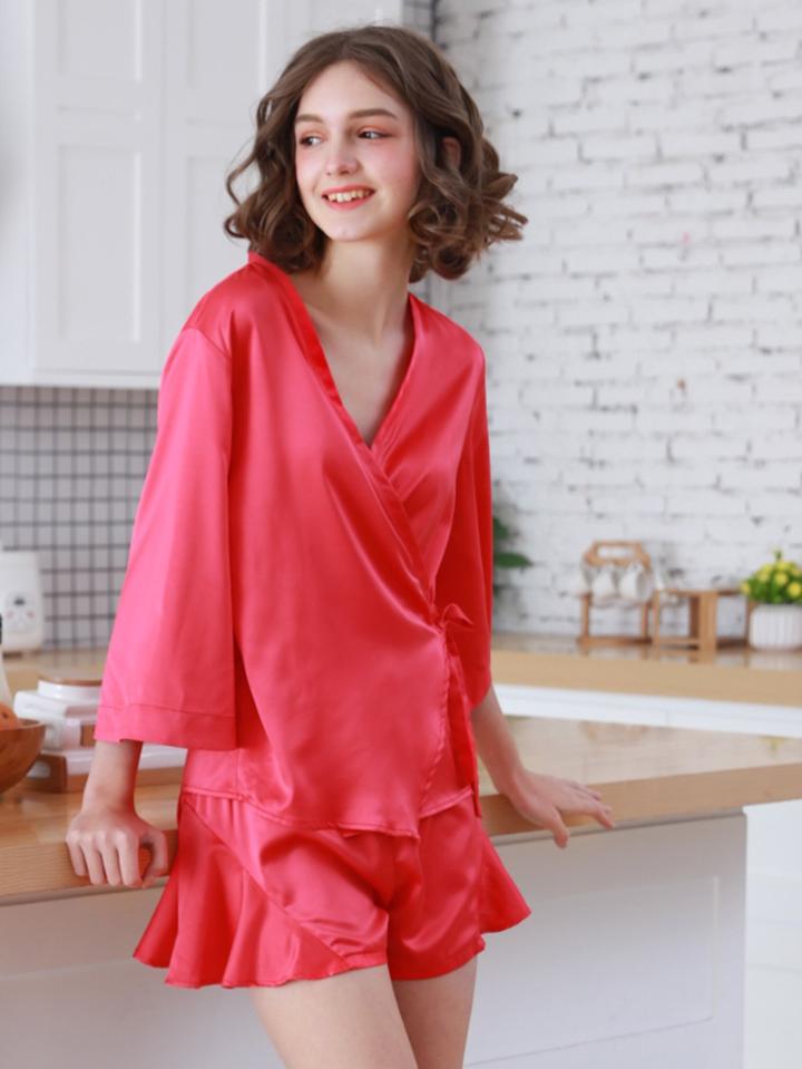 Shein Solid Color Wrap Top & Shorts Pj Set