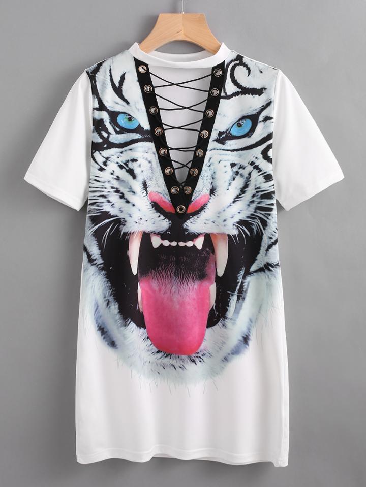 Shein Tiger Print Plunging Grommet Lace Up Tee Dress