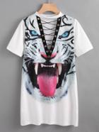 Shein Tiger Print Plunging Grommet Lace Up Tee Dress