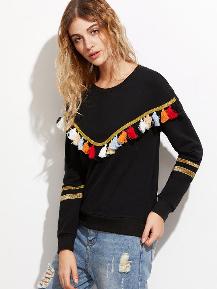 Shein Black Tassel Trim Glitter Striped Sleeve Sweatshirt