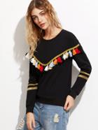 Shein Black Tassel Trim Glitter Striped Sleeve Sweatshirt