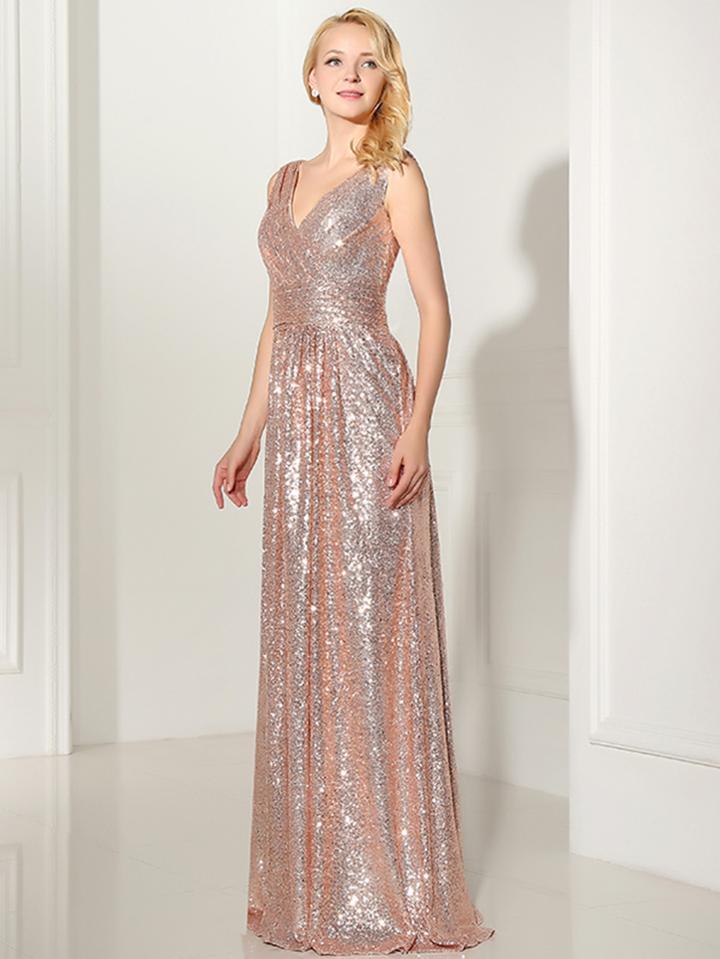 Shein Rose Gold Sequin V Back Maxi Bridesmaid Dress