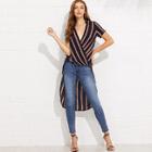 Shein Striped Print Surplice Wrap Draped Dip Hem Top