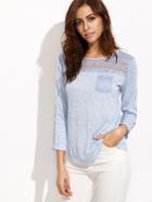 Shein Blue Long Sleeve Lace Insert Pocket T-shirt