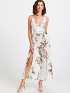 Shein Plunging Self Tie M-slit Strappy Back Florals Jumpsuit