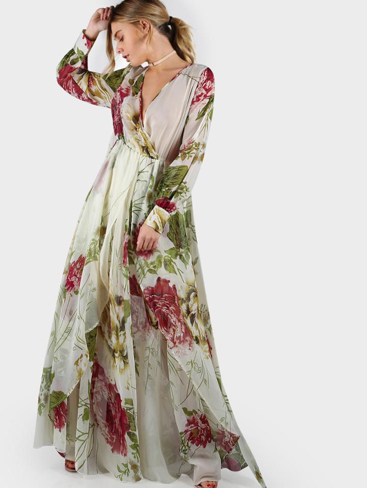 Shein Semi Sheer Flower Print Bishop Sleeve Surplice Wrap Dress