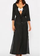Rosewe Double Slit Belt Design Black Maxi Dress