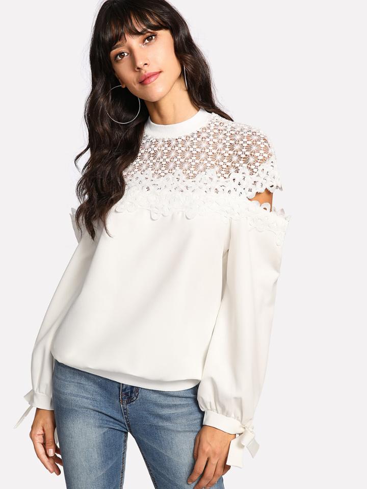 Shein Lace Crochet Contrast Bow Detail Sweatshirt