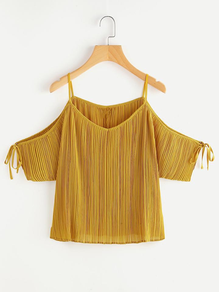 Shein Tie Detail Cold Shoulder Pleated Top