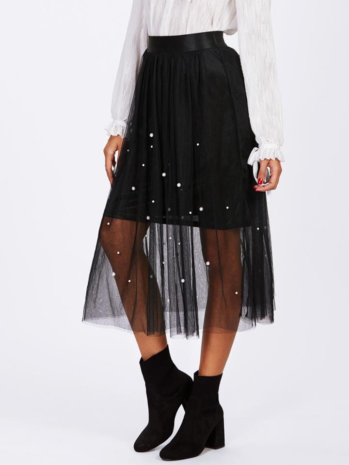 Shein Pearl Beaded Mesh Overlay Skirt