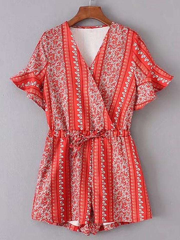 Shein Surplice Front Bell Sleeve Drawstring Playsuit