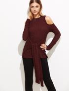 Shein Burgundy Marled Open Shoulder Tie Front Ribbed Top