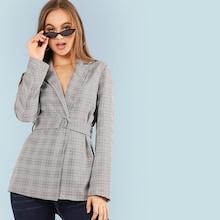 Shein Notched Neck Belted Plaid Blazer