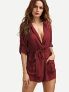 Shein Burgundy Self-tie Waist Pockets Lapel Jumpsuit