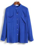 Shein Blue Stand Collar Pockets Loose Blouse