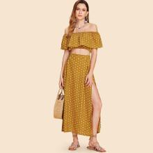 Shein Off Shoulder Polka Dot Top With Splited Dress