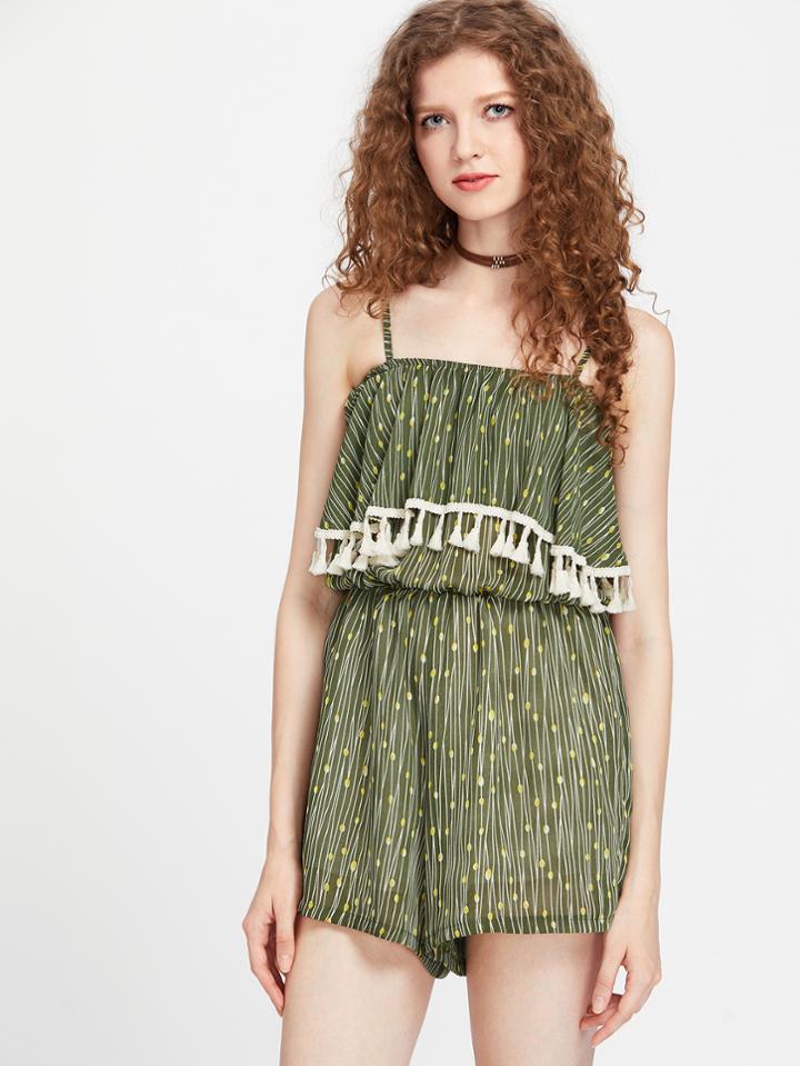 Shein Pinstripe Layered Fringe Trim Slip Romper