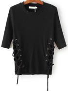 Shein Black Lace Up Dip Hem Ribbed Knit Sweater