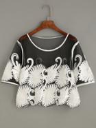 Shein Black Contrast Daisy Applique Crop Mesh Top