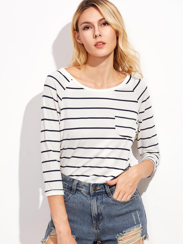 Shein White Striped Raglan Sleeve T-shirt