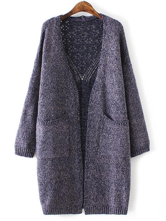 Shein Navy Drop Shoulder Eyelet Pockets Cardigan