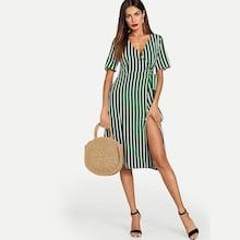 Shein Buttoned Wrap Front Striped Dress