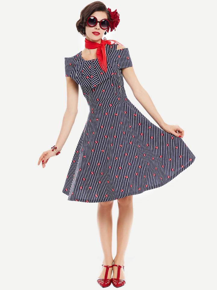 Shein Frill Layered Lip Print Striped Circle Dress