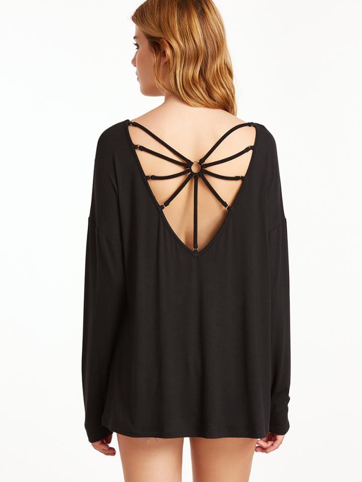Shein Black V Neck Ring Detail Strappy Back T-shirt