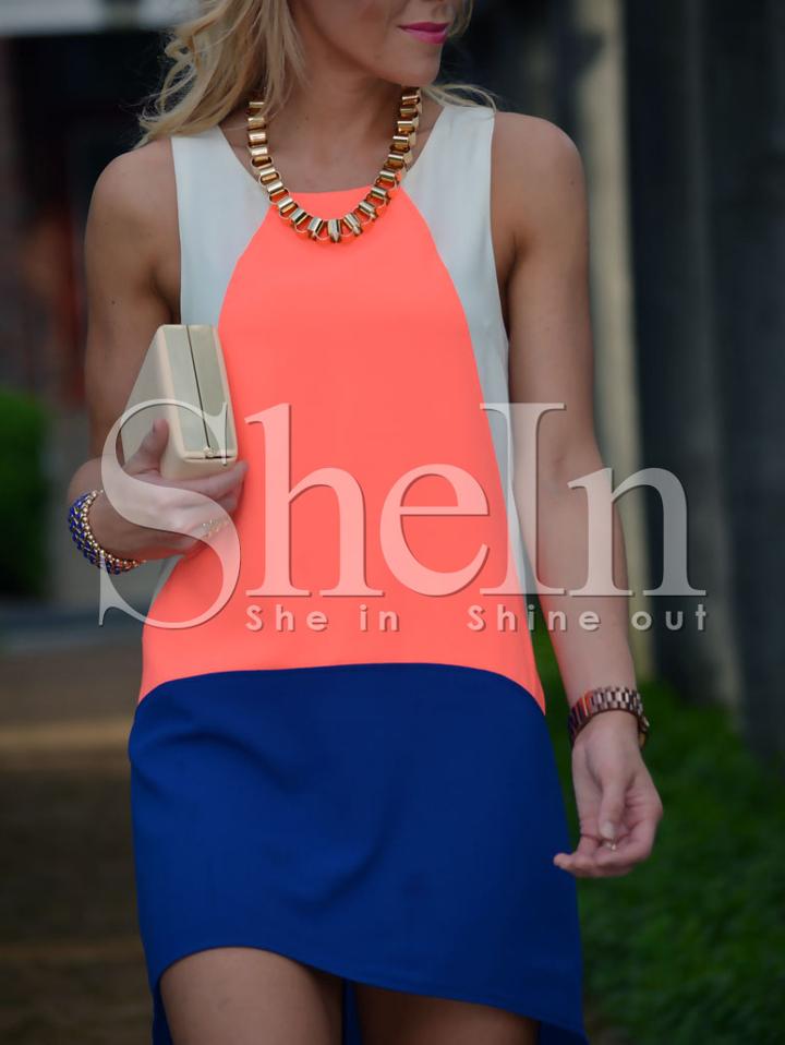 Shein Blue White Sleveless Color Block Dress