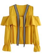 Shein Mustard Open Shoulder Ruffle Top With Tape Strap