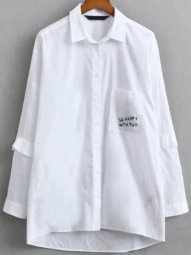 Shein White Letter Print High Low Blouse With Pocket
