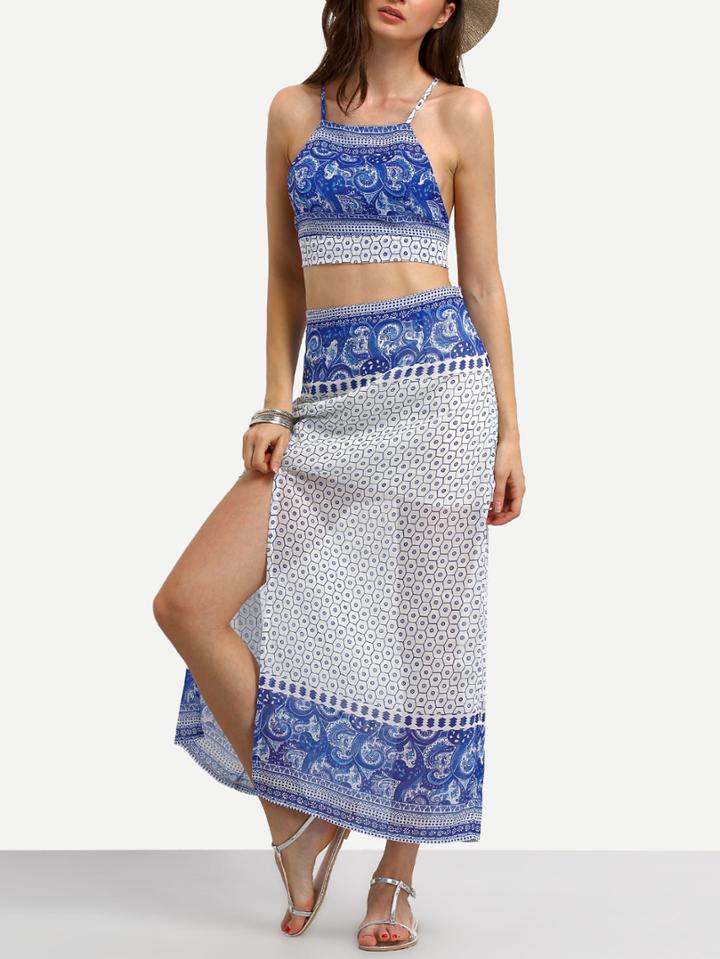 Shein Halter Backless Print Top With Split Skirt