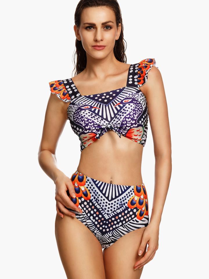 Shein Multicolor Peacock Ruffle Tie Front High Waist Bikini Set