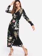 Shein Tied Cuff Surplice Wrap Floral Dress