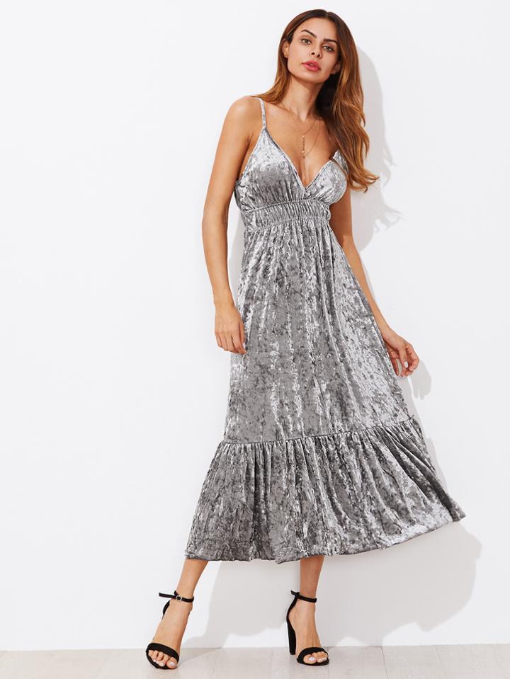 Shein Shirred Waist Ruff Hem Velvet Cami Dress