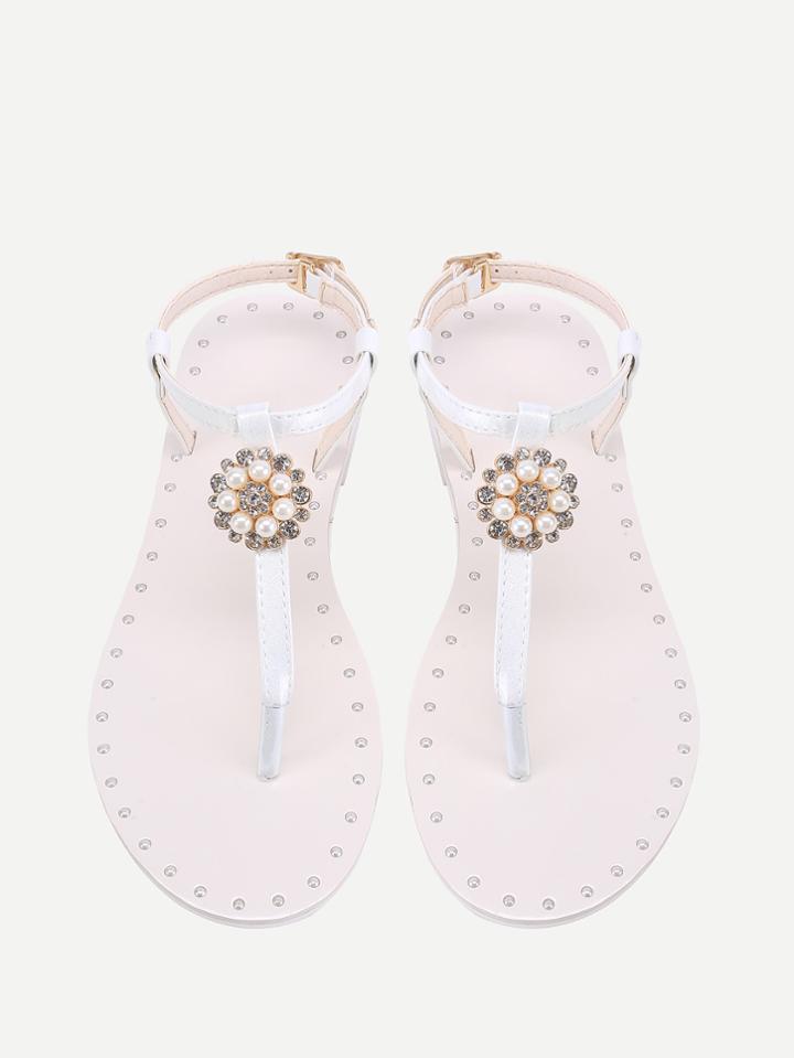 Shein Faux Pearl And Rhinestone Detail Flat Sandals