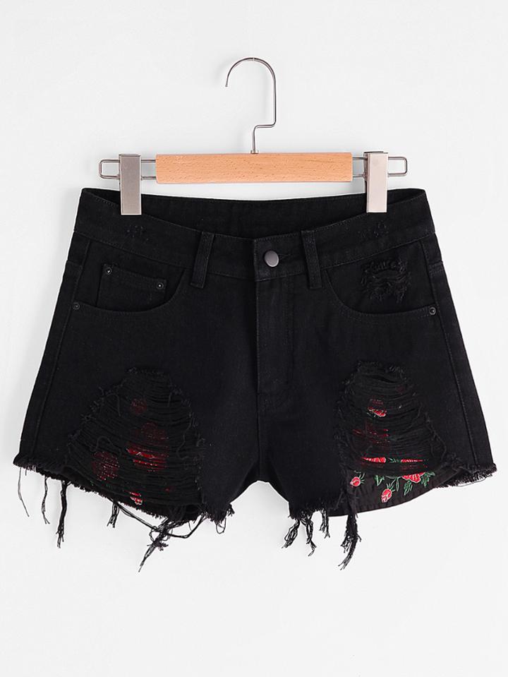 Shein Ripped Denim Shorts With Exposed Embroidery Pockets