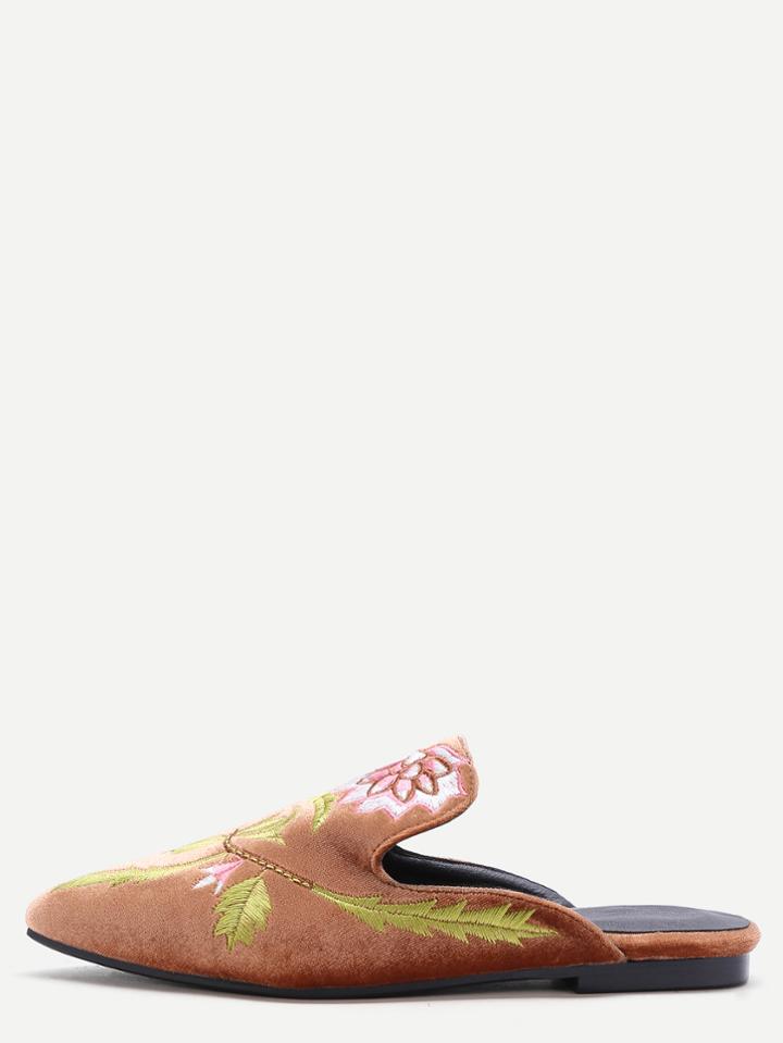 Shein Brown Floral Embroidered Velvet Loafer Slippers