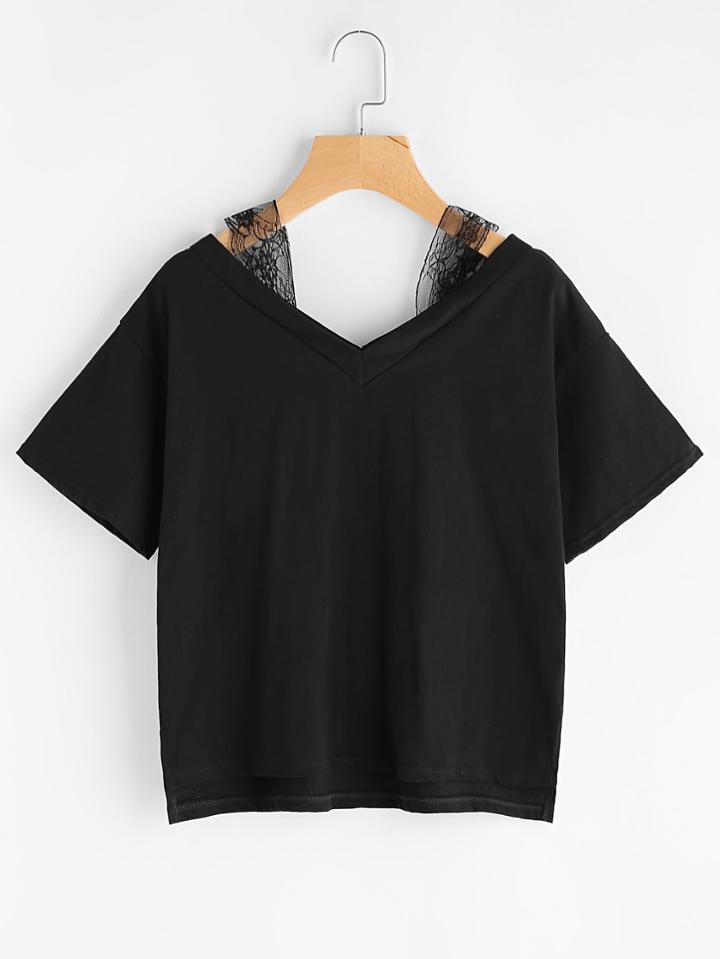 Shein V Neckline Contrast Lace Dip Hem Tee