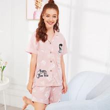 Shein Cartoon & Letter Print Button Up Pajama Set