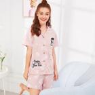 Shein Cartoon & Letter Print Button Up Pajama Set
