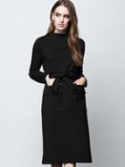 Shein Black Round Neck Long Sleeve Tie-waist Pockets Dress