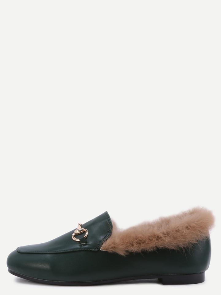 Shein Green Pu Genuine Fur Lined Loafers