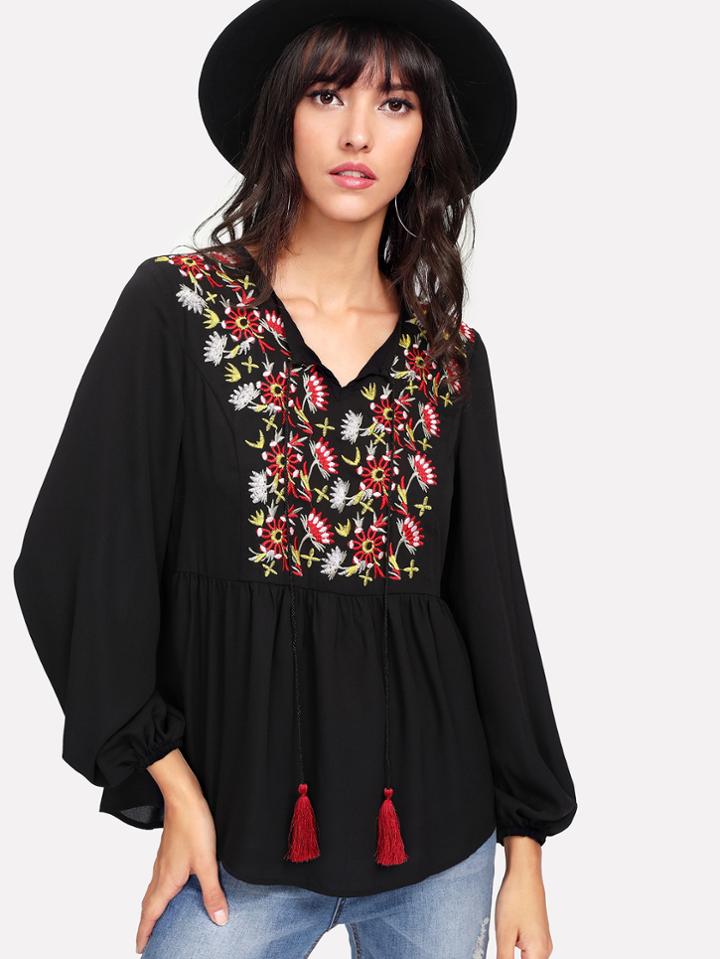 Shein Flower Embroidered Yoke Smock Top