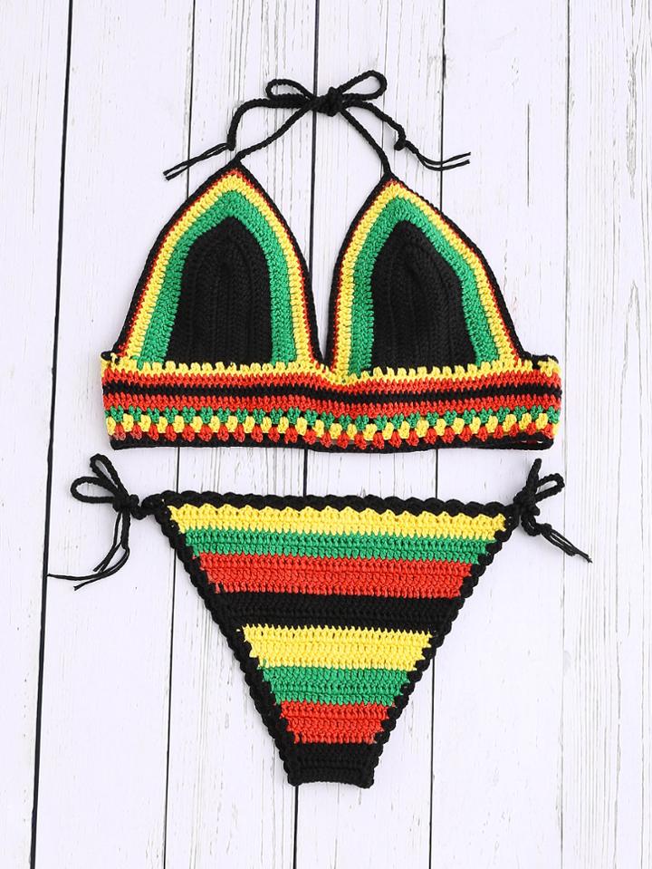 Shein Self Tie Striped Crochet Halter Bikini Set