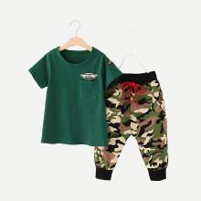 Shein Boys Patch Detail Tee With Camo Sweatpants