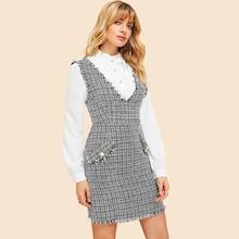Shein 80s Double V Neck Frayed Trim Dress