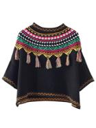Shein Black Tribal Print Fringe Detail Sweater